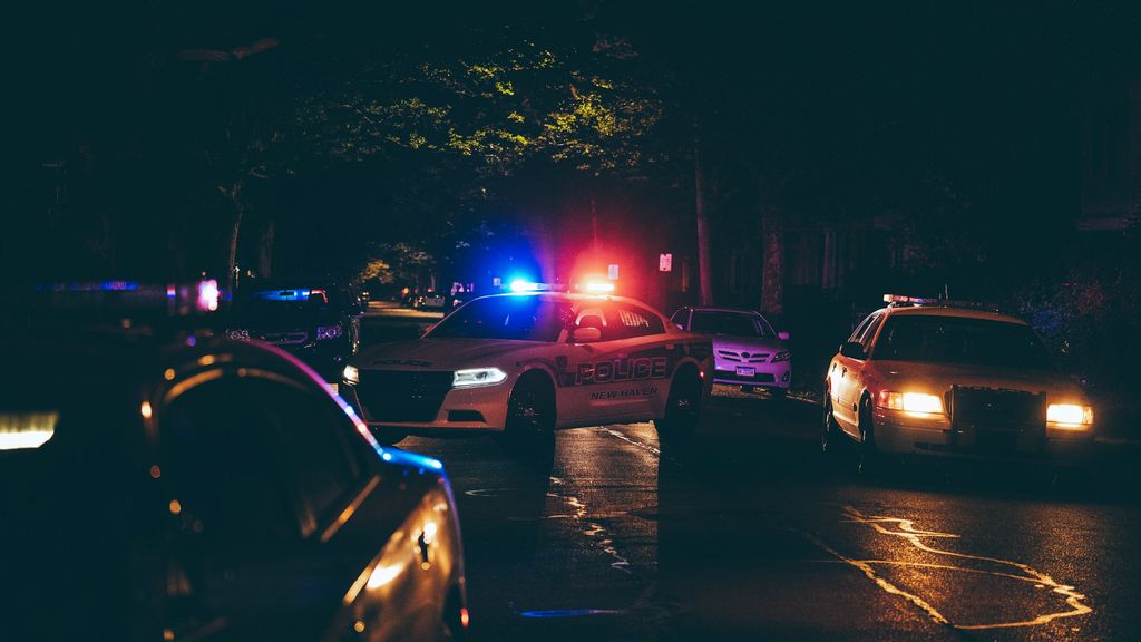 Patrol cars with lights on along a residential street at night